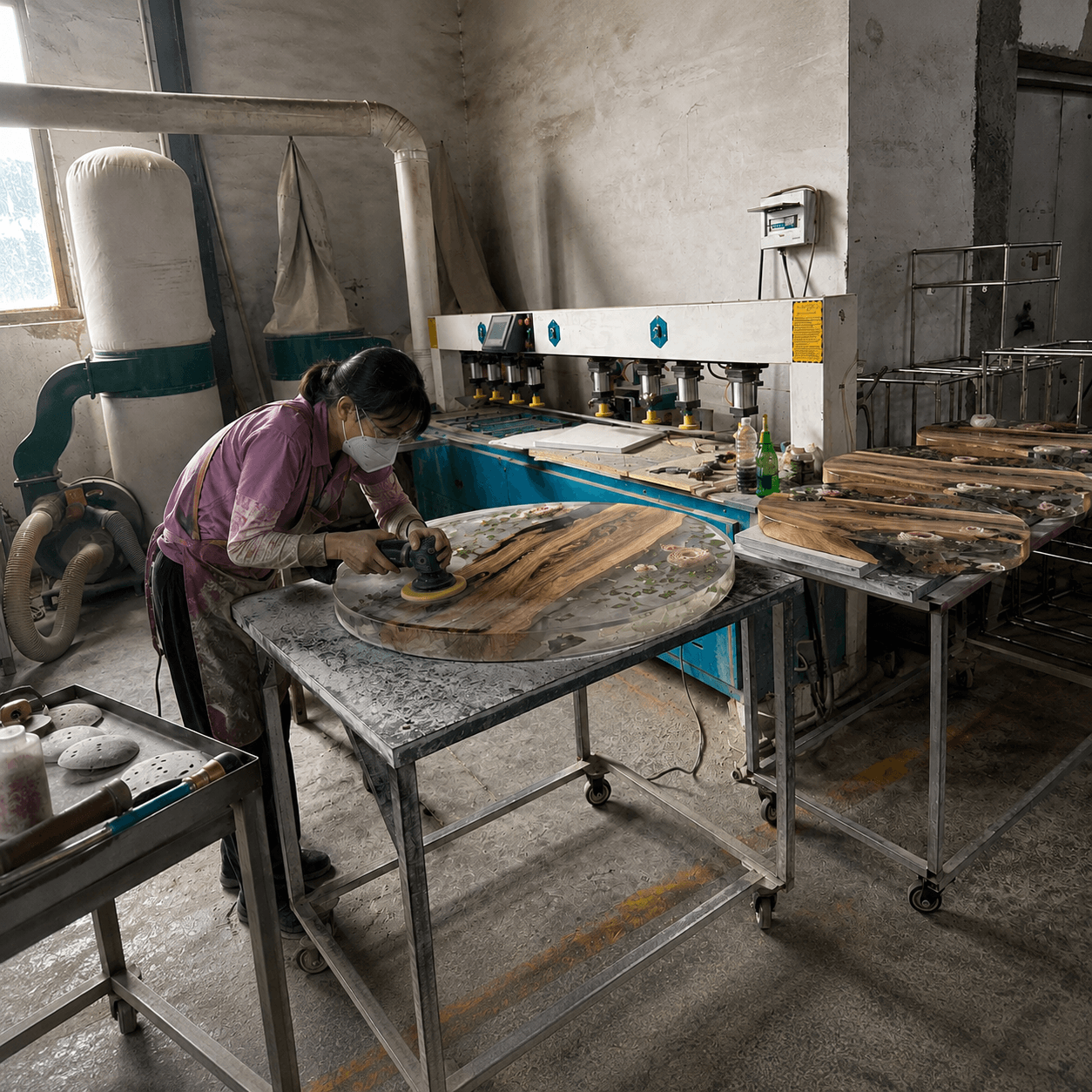 A craftsperson hand-finishing a tabletop in Quanzhou